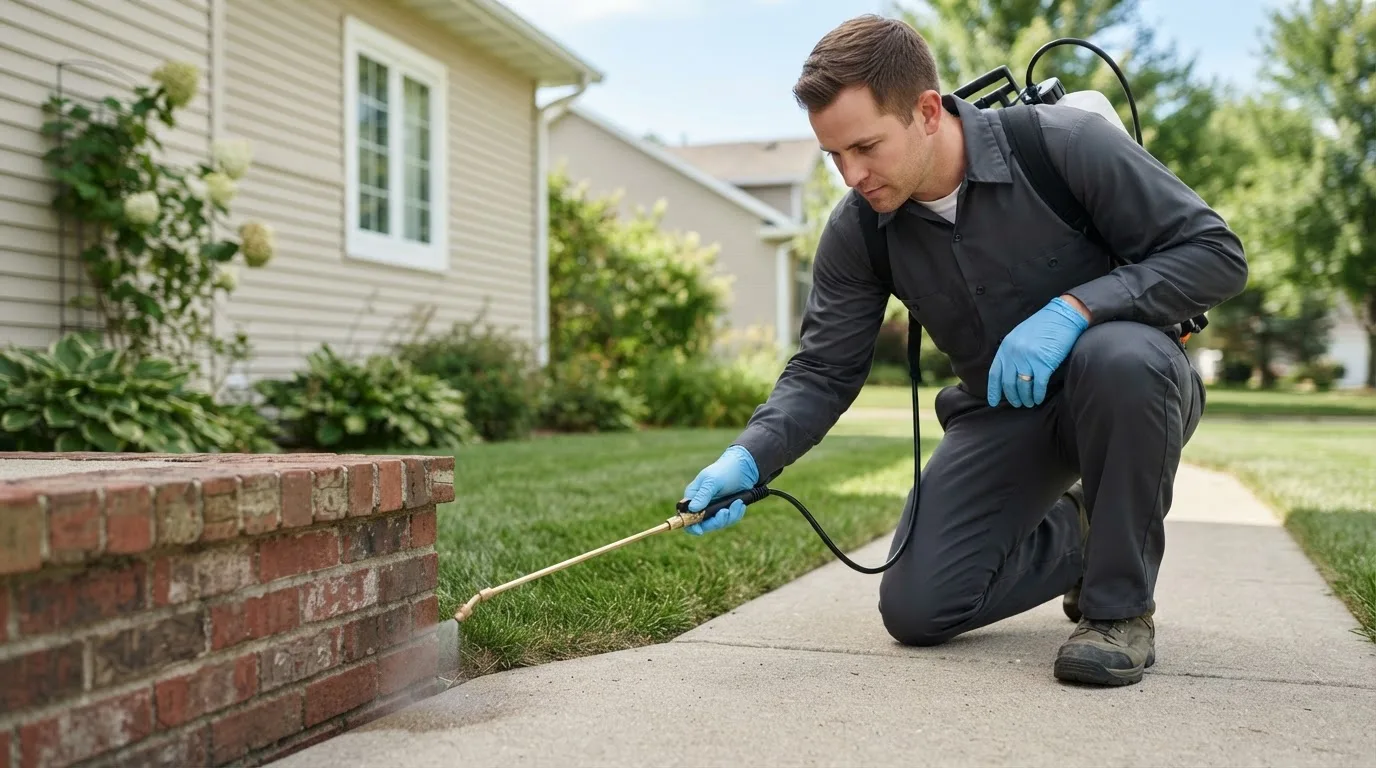Pest control technician treating a home near Woonsocket, RI