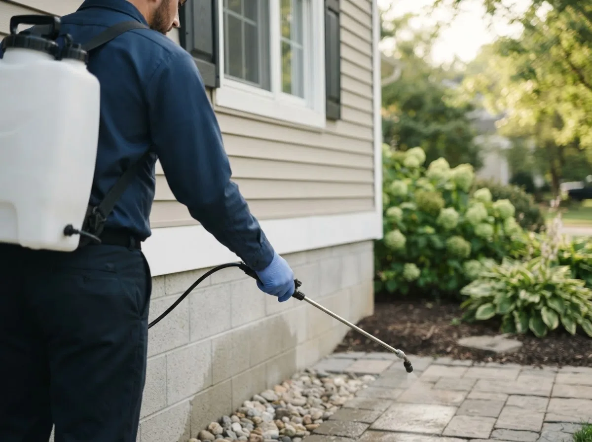 Pest control technician inspecting a home in Woonsocket, RI